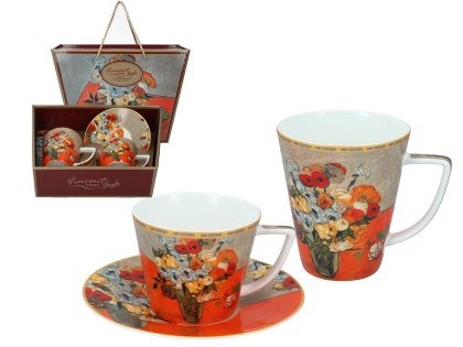 Komplet filiżanka i kubek PREMIUM - Van Gogh, Róże i zawilce - Porcelana w kuferku