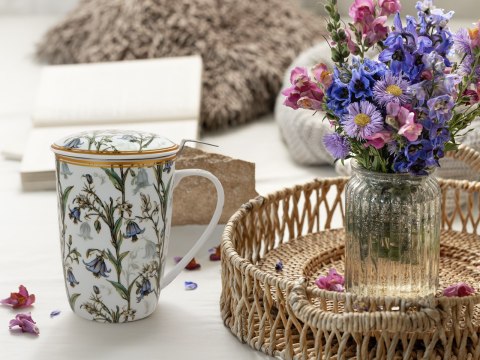 Piękny KUBEK z sitkiem i przykrywką 600 ml - Dzwoneczki PORCELANA