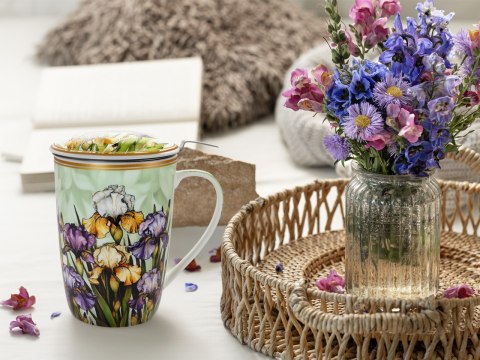 Piękny KUBEK z sitkiem i przykrywką 600 ml - Irysy PORCELANA