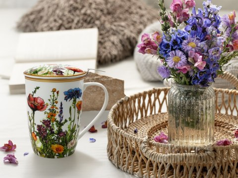 Piękny KUBEK z sitkiem i przykrywką 600 ml - Maki PORCELANA