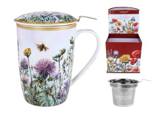 Piękny KUBEK z sitkiem i przykrywką 600 ml - Łąka kwietna z rumiankiem PORCELANA