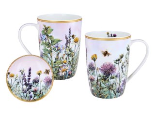 Piękny KUBEK z sitkiem i przykrywką 600 ml - Łąka kwietna z rumiankiem PORCELANA
