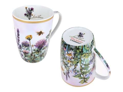 Piękny KUBEK z sitkiem i przykrywką 600 ml - Łąka kwietna z rumiankiem PORCELANA