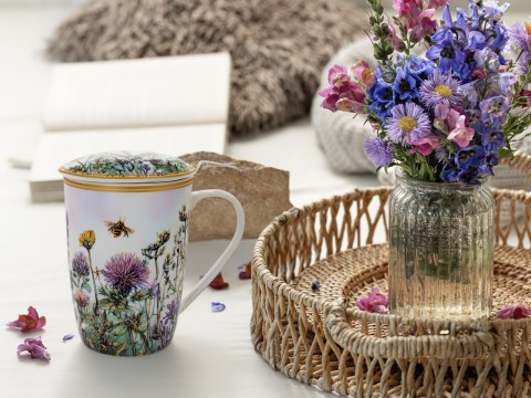 Piękny KUBEK z sitkiem i przykrywką 600 ml - Łąka kwietna z rumiankiem PORCELANA