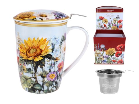Piękny KUBEK z sitkiem i przykrywką 600 ml - Łąka kwietna Słonecznik PORCELANA