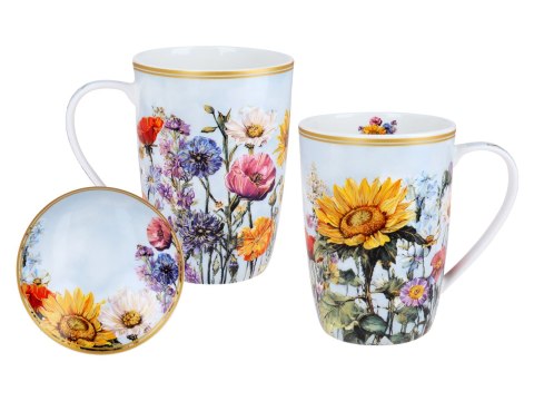 Piękny KUBEK z sitkiem i przykrywką 600 ml - Łąka kwietna Słonecznik PORCELANA