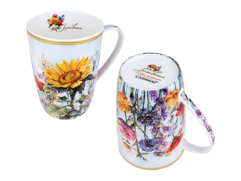 Piękny KUBEK z sitkiem i przykrywką 600 ml - Łąka kwietna Słonecznik PORCELANA