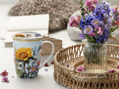 Piękny KUBEK z sitkiem i przykrywką 600 ml - Łąka kwietna Słonecznik PORCELANA