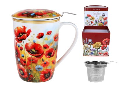 Piękny KUBEK z sitkiem i przykrywką 600 ml - Łąka kwietna PORCELANA