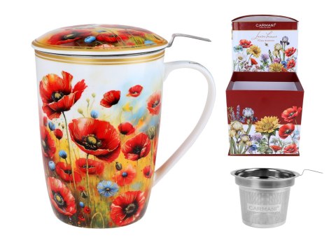Piękny KUBEK z sitkiem i przykrywką 600 ml - Łąka kwietna PORCELANA