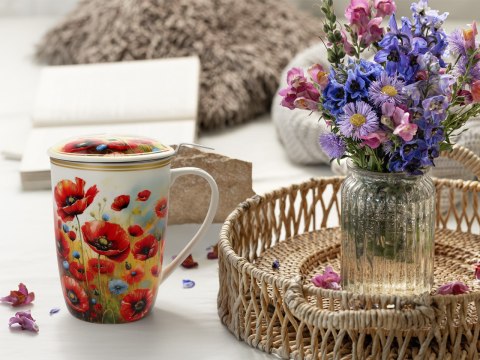 Piękny KUBEK z sitkiem i przykrywką 600 ml - Łąka kwietna PORCELANA