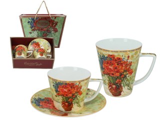 Komplet filiżanka i kubek PREMIUM - Van Gogh, Czerwone maki - Porcelana w kuferku