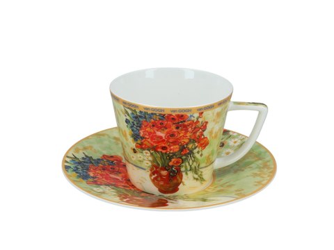 Komplet filiżanka i kubek PREMIUM - Van Gogh, Czerwone maki - Porcelana w kuferku