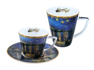Komplet filiżanka i kubek PREMIUM - Van Gogh, Gwiaździsta Noc nad Rodanem - Porcelana w kuferku