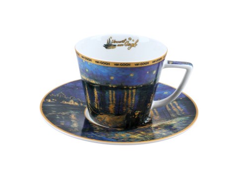 Komplet filiżanka i kubek PREMIUM - Van Gogh, Gwiaździsta Noc nad Rodanem - Porcelana w kuferku