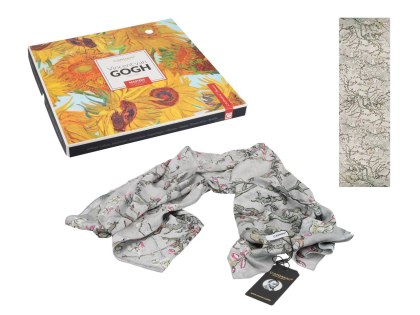 Apaszka Szal ze szlachetnej tkaniny - V. van Gogh, Kwitnący Migdałowiec, srebrny (CARMANI)
