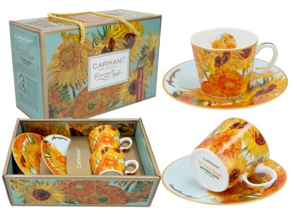 Komplet 2 filiżanek espresso PREMIUM - Van Gogh, Słoneczniki - Porcelana w kuferku