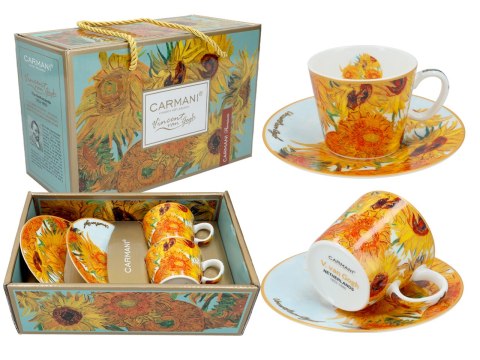 Komplet 2 filiżanek espresso PREMIUM - Van Gogh, Słoneczniki - Porcelana w kuferku