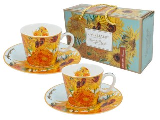 Komplet 2 filiżanek espresso PREMIUM - Van Gogh, Słoneczniki - Porcelana w kuferku