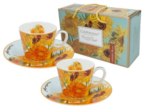 Komplet 2 filiżanek espresso PREMIUM - Van Gogh, Słoneczniki - Porcelana w kuferku