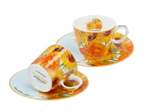 Komplet 2 filiżanek espresso PREMIUM - Van Gogh, Słoneczniki - Porcelana w kuferku