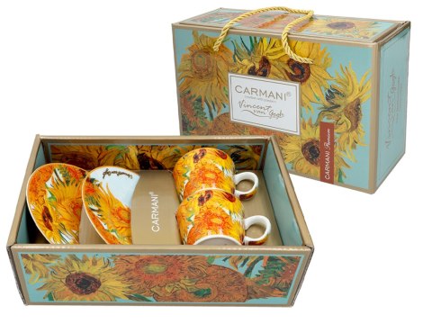 Komplet 2 filiżanek espresso PREMIUM - Van Gogh, Słoneczniki - Porcelana w kuferku