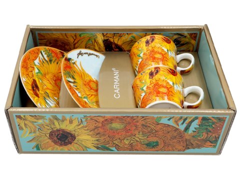 Komplet 2 filiżanek espresso PREMIUM - Van Gogh, Słoneczniki - Porcelana w kuferku