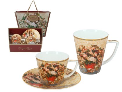 Komplet filiżanka i kubek PREMIUM - Van Gogh, Wazon z różami - Porcelana w kuferku